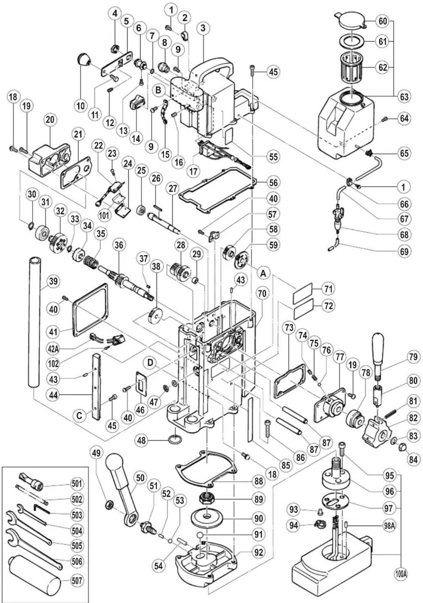 Exploded view diagram of a mechanical assembly with numbered parts and exploded view, including labeled components like gears, washers, and motors.