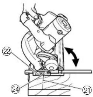 Technical diagram of a mechanical device with numbered parts and directional arrow indicating motion or movement
