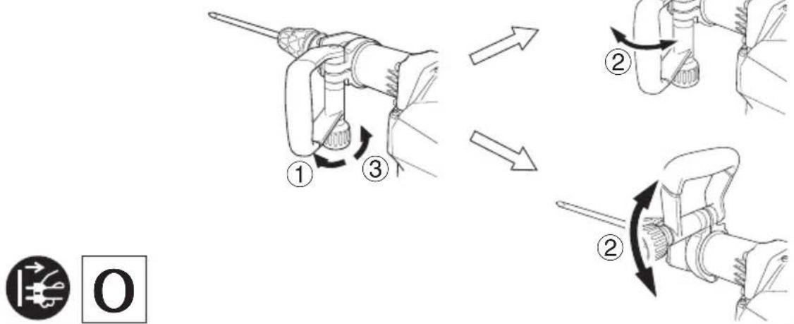 Diagram illustrating the step-by-step installation of a mechanical tool, showing three sequential steps with directional arrows.