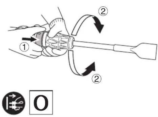 Diagram illustrating a tool manipulation process with numbered steps and directional arrows, including a symbol labeled 'O' below.