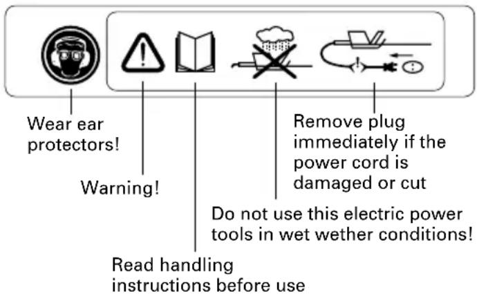 Wear ear protectors! Warning! Read handling instructions before use Remove plug immediately if the power cord is damaged or cut Do not use this electric power tools in wet wether conditions!
