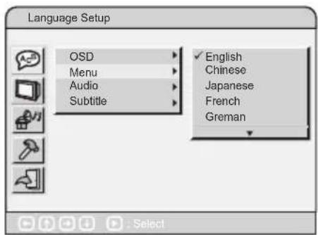 Language Setup OSD Menu Audio Subtitle English Chinese Japanese French Greman Select