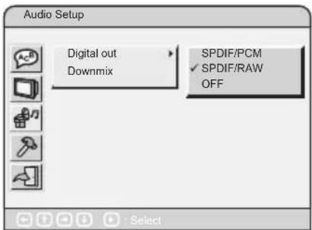 Audio Setup Digital out Downmix SPDIF/PCM ✓ SPDIF/RAW OFF Select