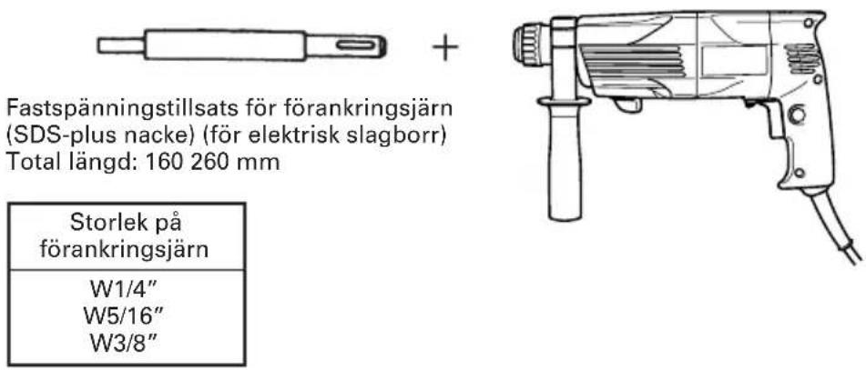 Fastspänningstillsats för förankringsjärn (SDS-plus nacke) (för elektrisk slagborr) Total längd: 160 260 mm Storlek på förankringsjärn W1/4" W5/16" W3/8"