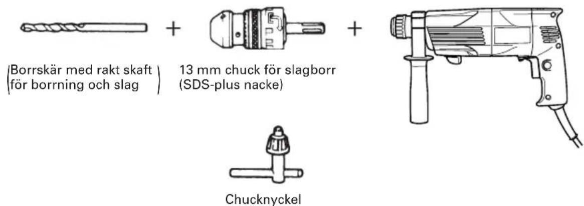 (Borrskär med rakt skaft för borrning och slag) + 13 mm chuck för slagborr (SDS-plus nacke) + Chucknyckel
