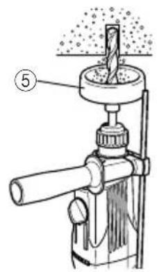 Technical diagram of a mechanical device with labeled component 5, showing a drill bit and granular material above it.
