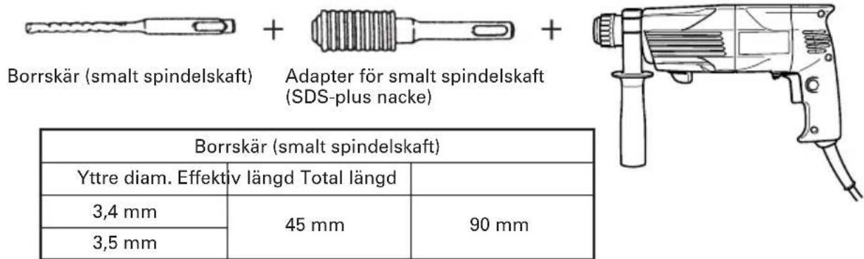 Borrskär (smalt spindelskaft) + Adapter för smalt spindelskaft (SDS-plus nacke) Borrskär (smalt spindelskaft) Yttre diam. Effektiv längd Total längd 3,4 mm 45 mm 90 mm 3,5 mm