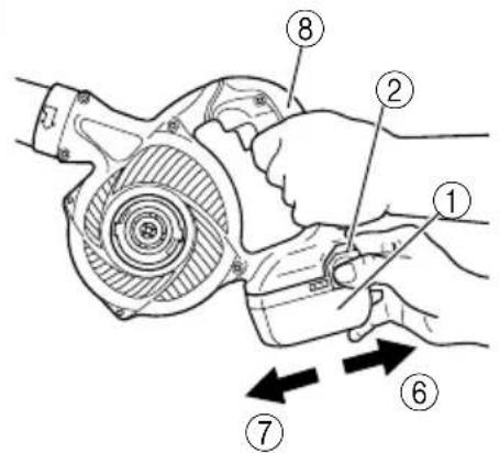 Technical diagram of a mechanical device with numbered parts and directional arrows indicating motion or assembly.