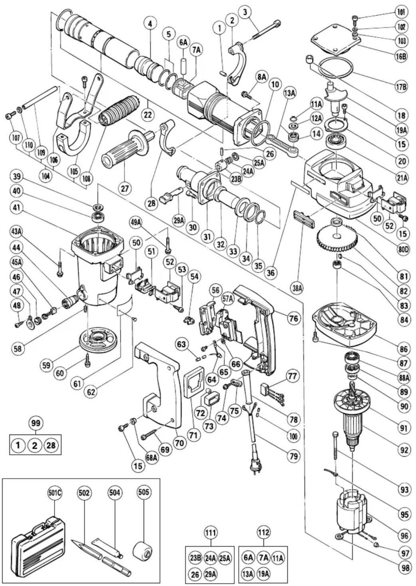Exploded view diagram of a mechanical assembly with numbered parts and exploded view indicators