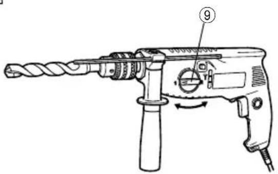 Technical diagram of a drill bit with numbered component and rotation arrow indicating motion