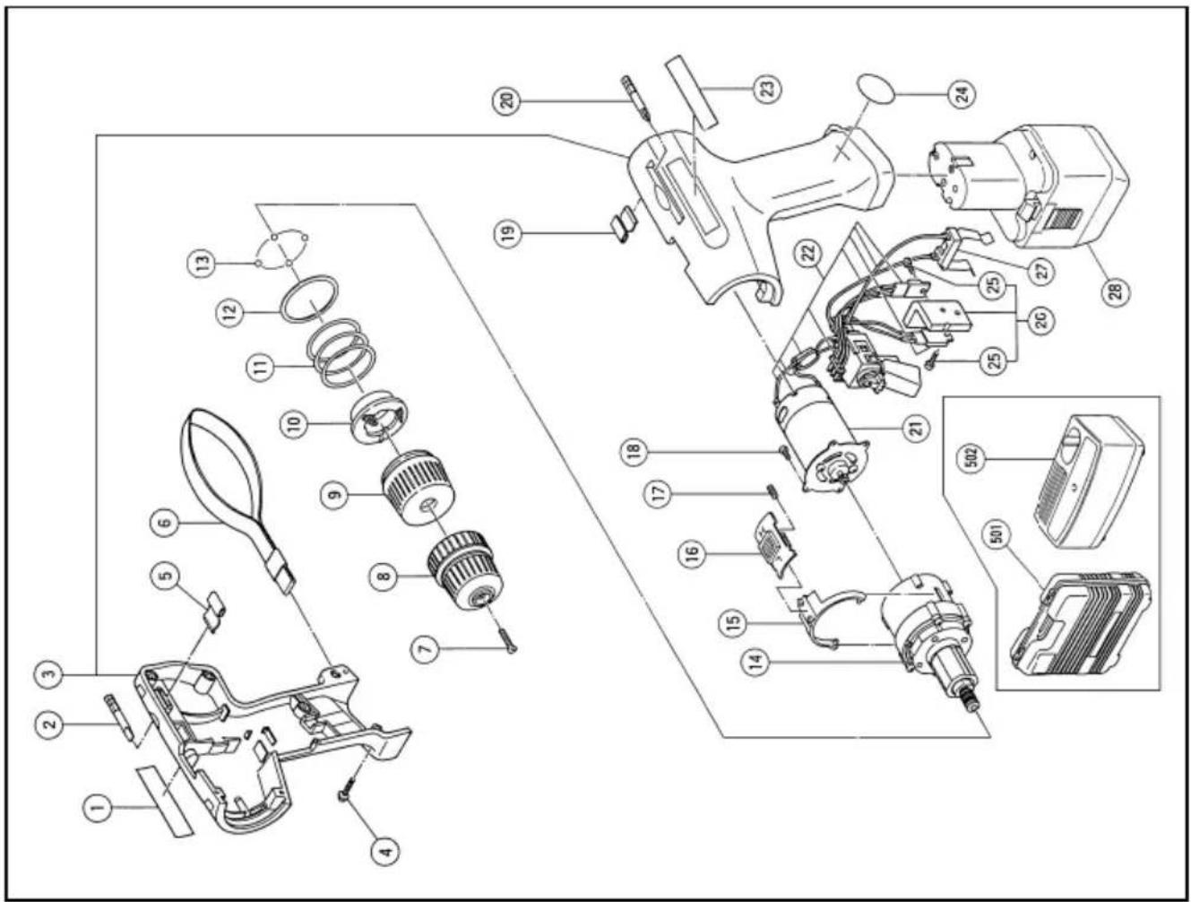 Exploded view diagram of a mechanical device with numbered parts for identification and assembly reference.