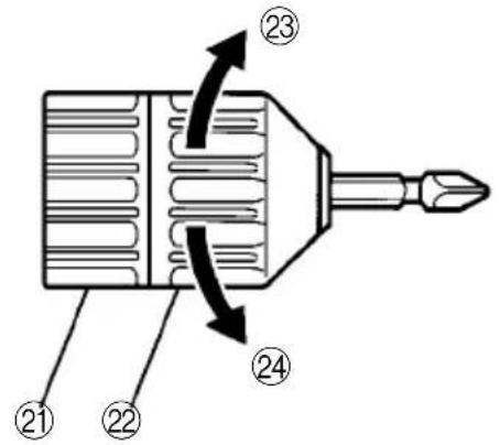 Technical diagram of a screwdriver with numbered parts and directional arrows indicating motion or movement.