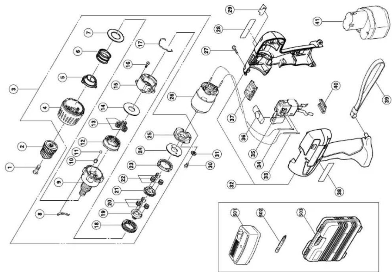 Exploded view diagram of a mechanical assembly with numbered parts and exploded views of components like a power supply unit.
