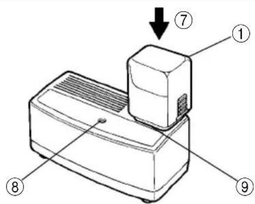 Technical diagram of a device with numbered parts and an arrow indicating direction, likely illustrating a process or assembly.