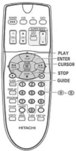 POWER VOR TV CATY VOL ON RIGHT AUTO PLAY ENTER CURSOR STOP GUIDE ① ② ③ ④ ⑤ ⑥ ⑦ ⑧ ⑨ HITACHI DISPLAY PROGRAM CLEAR KONTO START ON PLAY 9 - 9
