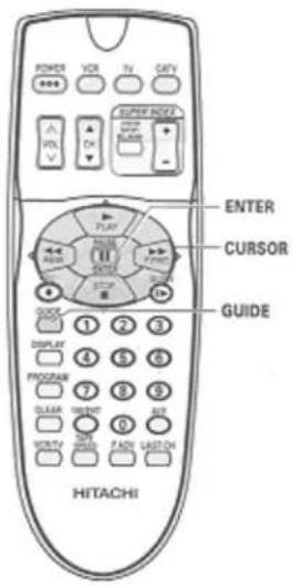 POWER VOR TV CATV SUPERNOISE OPEN ON PDL P P ENTER CURSOR GUIDE 1 2 3 DISPLAY 4 5 6 PROGRAM 7 8 9 CLEAR WHITE 0 HOTCHY FADD LISTON HITACHI