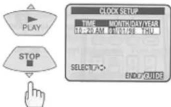 PLAY STOP CLOCK SETUP TIME MONTH/DAY/YEAR 10:20 AM 19/01/08 THU SELECT/√- END/ GUIDE