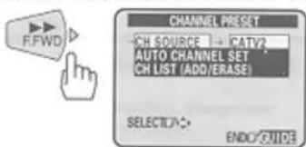 CHANNEL PRESET CH SOURCE - CATV2 AUTO CHANNEL SET CH LIST (ADD/ERASE) SELECTUA- ENDO/GUIDE
