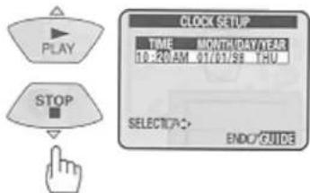 PLAY STOP CLOCK SETUP TIME MONTH/DAY/YEAR 10:20 AM 01/01/98 THU SELECT/√- END/CUIDE