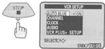 STOP VCR SETUP AUTO BLUE → ON CHANNEL CLOCK AUDIO VCR PLUS+ SETUP SELECTO → ENDO GUIDE