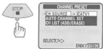 STOP CHANNEL PRESET CH SOURCE = CATV1 AUTO CHANNEL SET CH LIST (ADD/ERASE) SELECT(7)- END(7) GUIDE