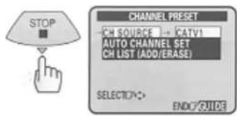 STOP CHANNEL PRESET CH SOURCE → CATV1 AUTO CHANNEL SET CH LIST (ADD/ERASE) SELECTO: END GUIDE