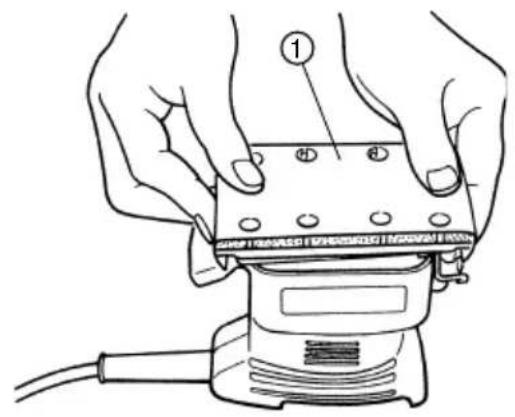 Technical diagram showing hands operating a sewing machine with labeled parts and a numbered callout pointing to component 1.