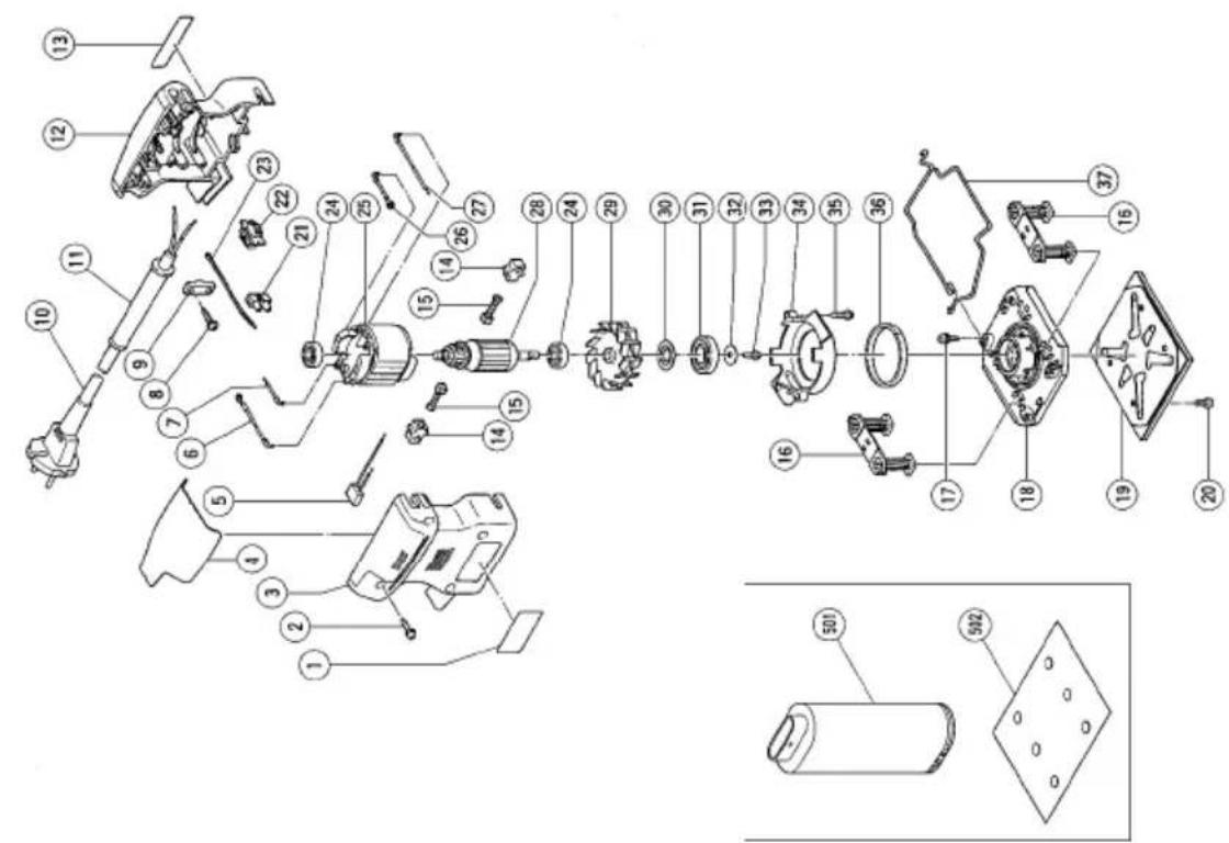 Exploded view diagram of a battery assembly with numbered components and exploded view