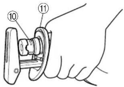 Diagram of a hand holding a mechanical component with numbered parts labeled 10 and 11