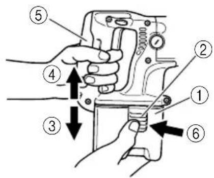 Diagram of a sewing machine with numbered parts and directional arrows indicating movement or assembly.