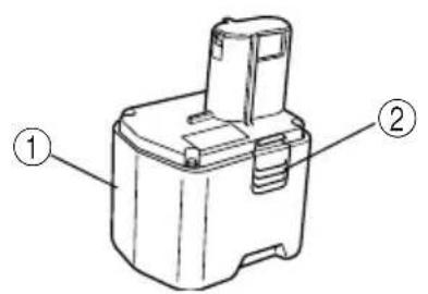 Technical diagram of a battery with labeled parts ① and ②