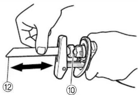 Diagram showing hands operating a mechanical device with labeled parts 10 and 12, indicating movement or assembly.