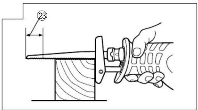Technical diagram showing a hand using a saw to cut through a wooden block, with labeled component 23 and motion indicator.