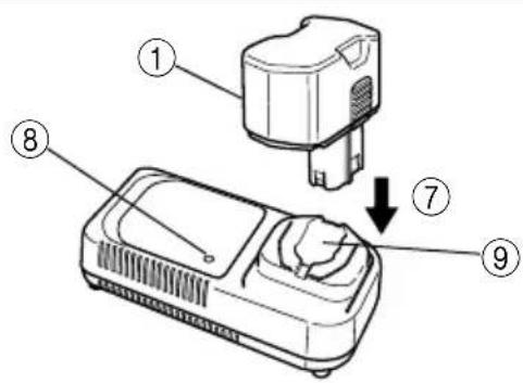 Diagram showing labeled parts of a device with numbered annotations and an arrow indicating direction