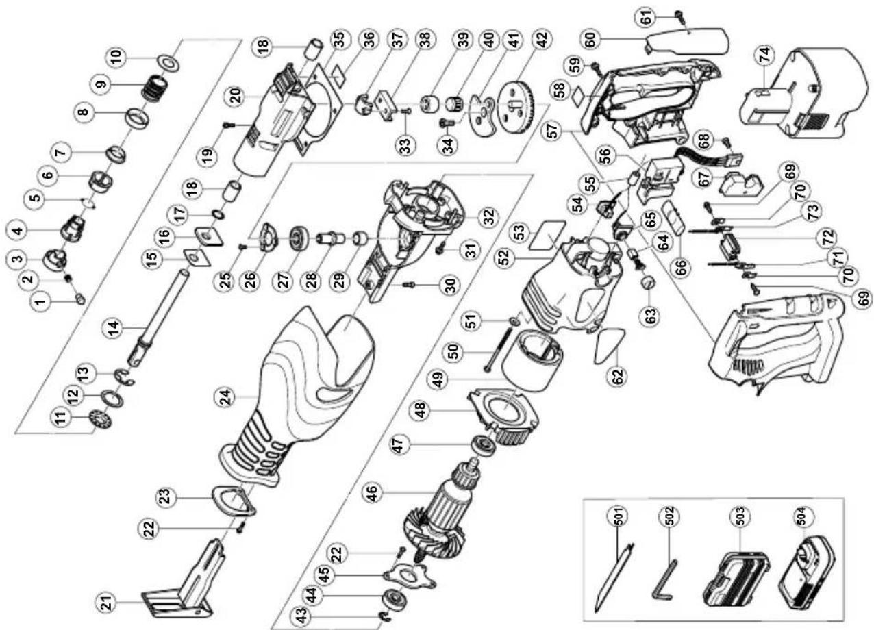 Exploded view diagram of a cleaning or repair device with numbered parts for identification