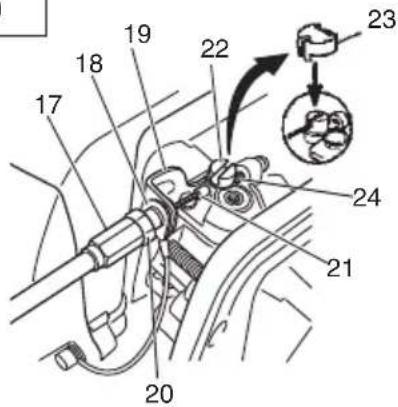 Technical diagram of a mechanical assembly with numbered components and an inset showing a component labeled 23.