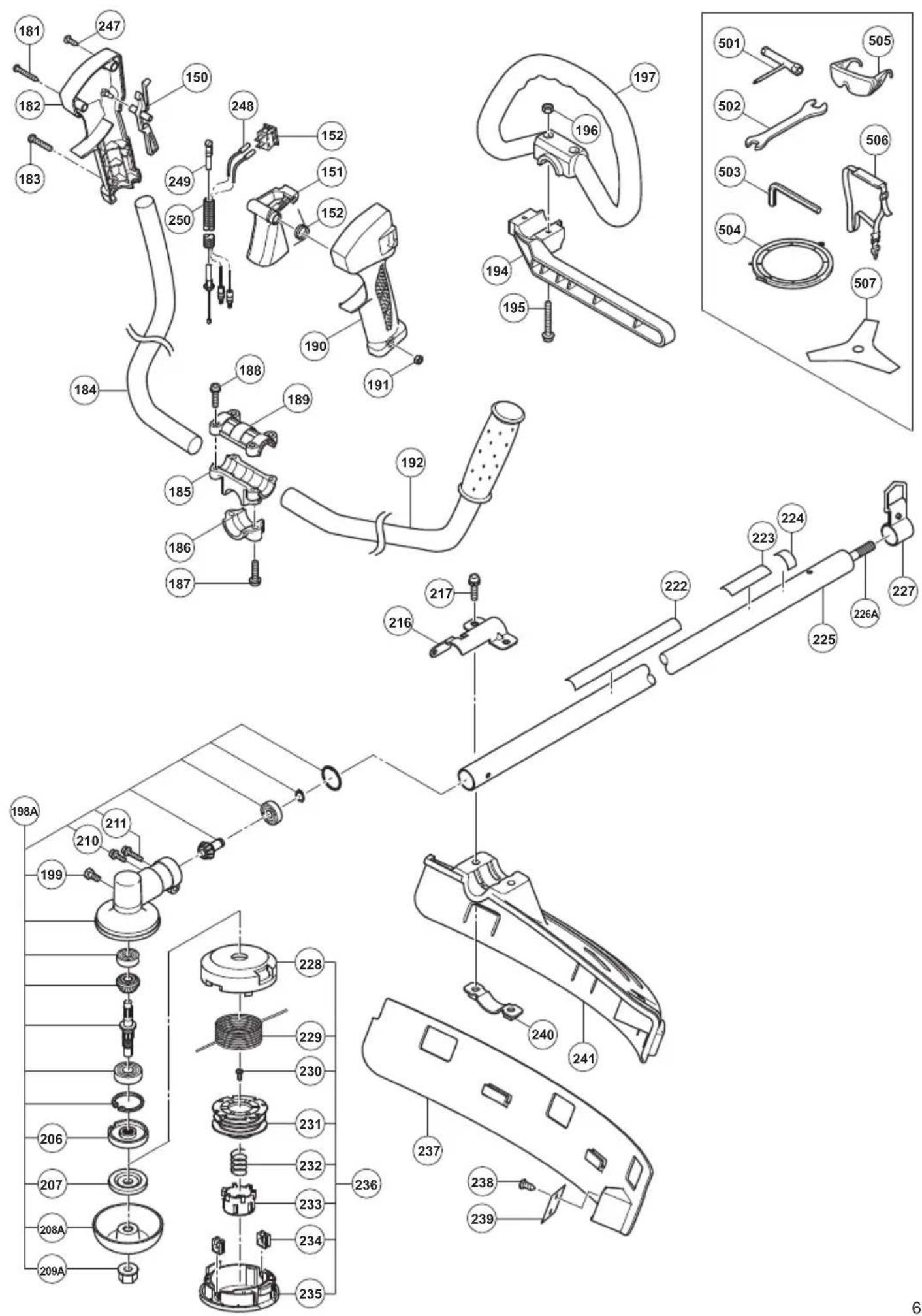Exploded view diagram of a mechanical assembly with numbered parts and exploded views