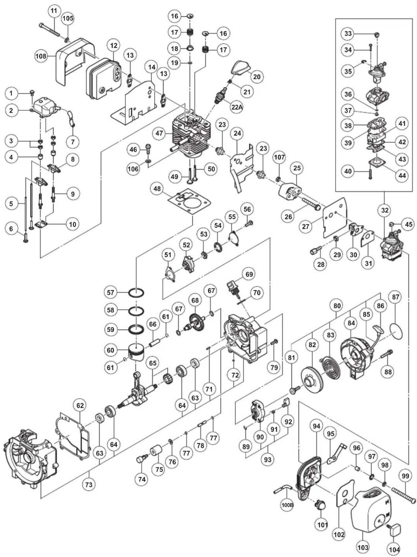 Exploded view diagram of a mechanical assembly with numbered components and exploded views