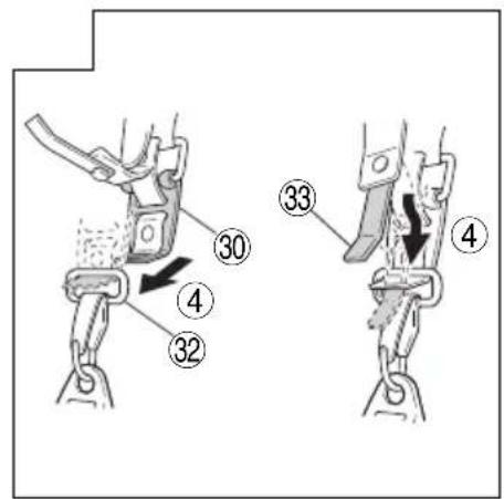 Technical diagram showing two mechanical assembly steps with numbered components and directional arrows indicating motion or movement.