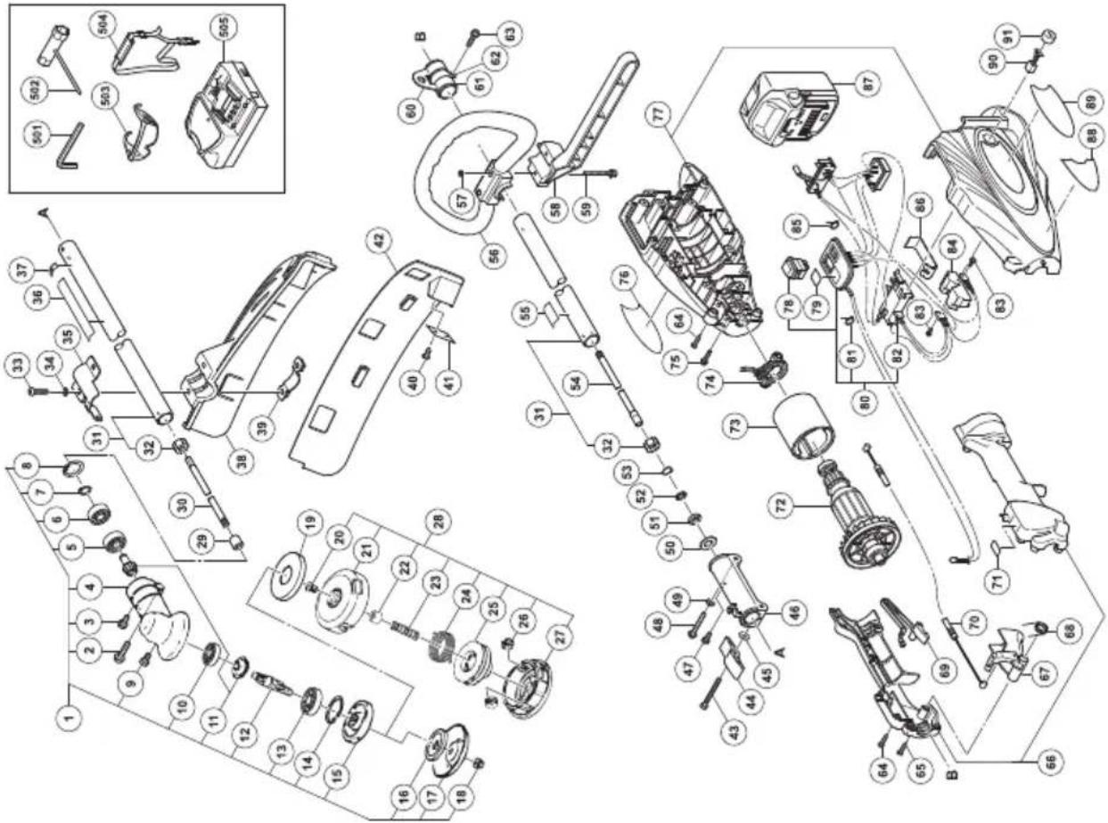 Exploded view diagram of a mechanical assembly with numbered parts and component labels