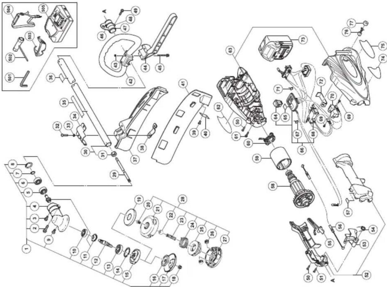 Exploded view diagram of a mechanical assembly with numbered parts and labeled components
