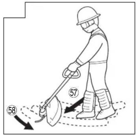 Diagram showing a worker using a tool to clean or walk, with numbered arrows indicating motion steps.