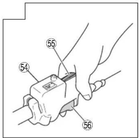 Diagram showing hands operating a device with numbered parts labeled 54, 55, and 56