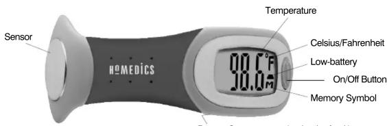 Sensor HEMEDICS Temperature Celsius/Fahrenheit Low-battery On/Off Button Memory Symbol 10.6°F 10.6A Battery Current (included for utility)