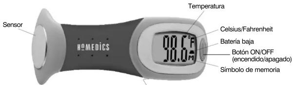 Sensor HOMEDICS Temperature Celsius/Fahrenheit Batería baja Botón ON/OFF (encendido/apagado) Símbolo de memoria