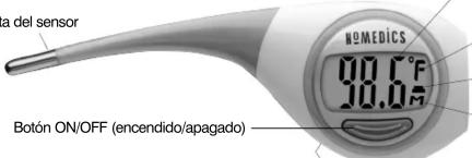 a del sensor 00.1°F 10.0A Botón ON/OFF (encendido/apagado) HOMEDICS