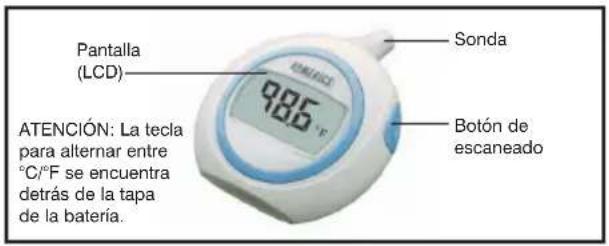 Pantalla (LCD) 985 °F Sonda ATENCIÓN: La tecla para alternar entre °C/°F se encuentra detrás de la tapa de la batería. Botón de escaneado