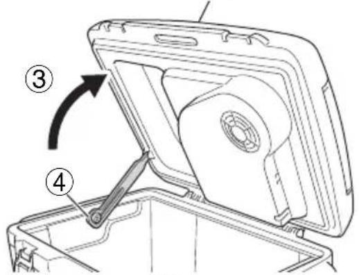 Technical diagram of a mechanical device with numbered parts and directional arrow indicating rotation or assembly.
