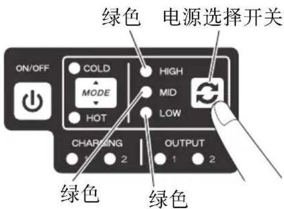 绿色 电源选择开关 ON/OFF COLD MODE HOT HIGH MID LOW CHARGING 1 2 OUTPUT 1 2 绿色 绿色