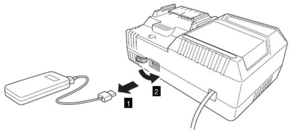 Diagram showing a device connected to a cable with labeled parts 1 and 2, indicating connection or assembly.
